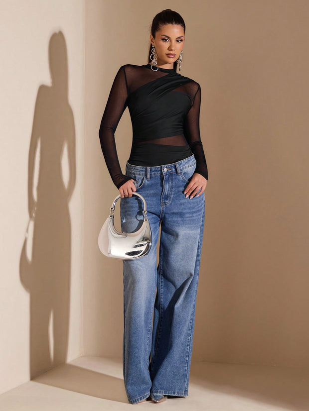 SHEIN BAE Black Asymmetric Lace-Up Long Sleeve See-Through Bodysuit For Women