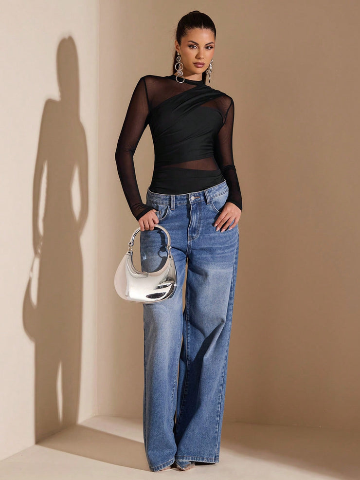 SHEIN BAE Black Asymmetric Lace-Up Long Sleeve See-Through Bodysuit For Women