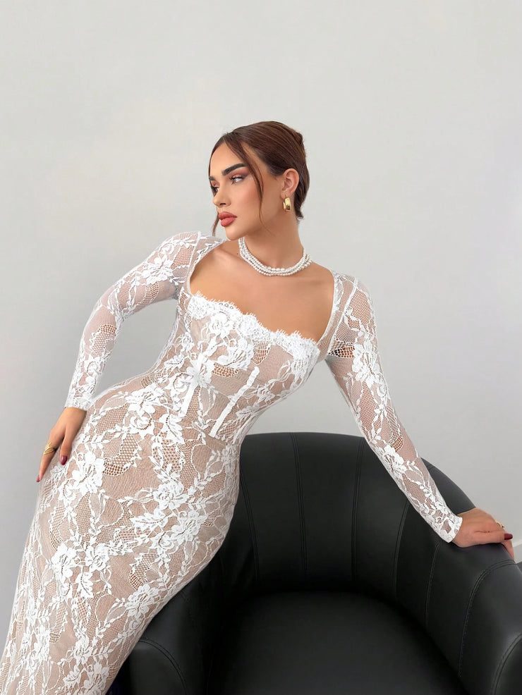 Aloruh Women's New Sexy Corset Collar Slim Fitted Floor Length  Dress