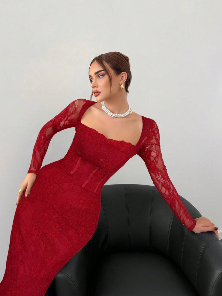 Aloruh Women's New Sexy Corset Collar Slim Fitted Floor Length  Dress