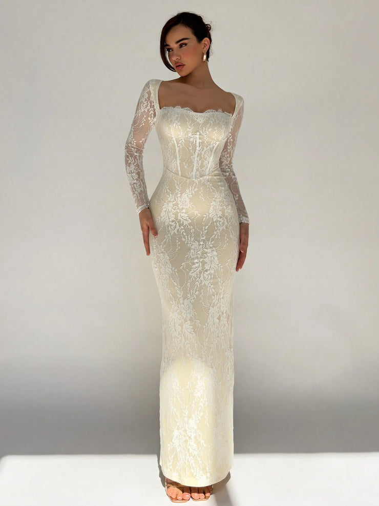 Aloruh Women's New Sexy Corset Collar Slim Fitted Floor Length  Dress