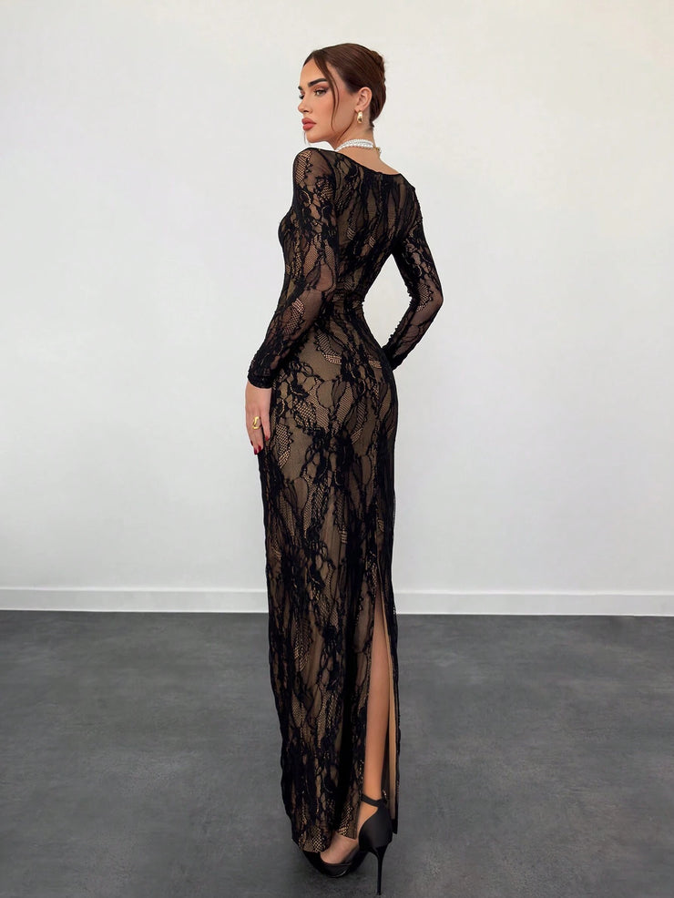Aloruh Women's New Sexy Corset Collar Slim Fitted Floor Length  Dress