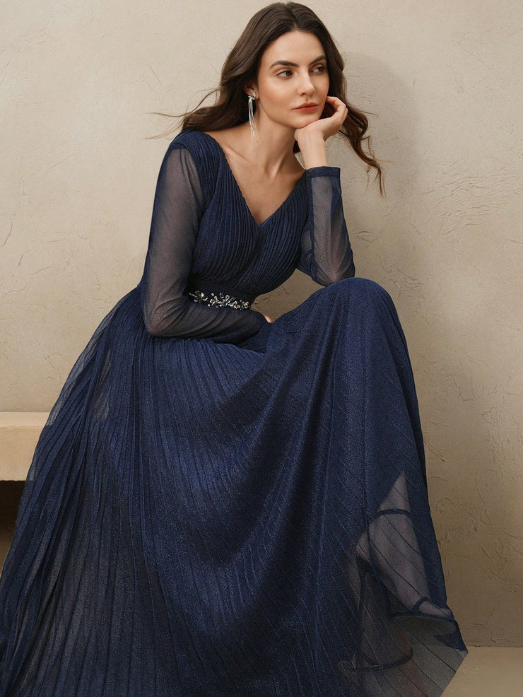 Anewsta Women's Blue V-Neck Waisted Pleated Elegant Backless Glittering Pearl Studded Long Dress