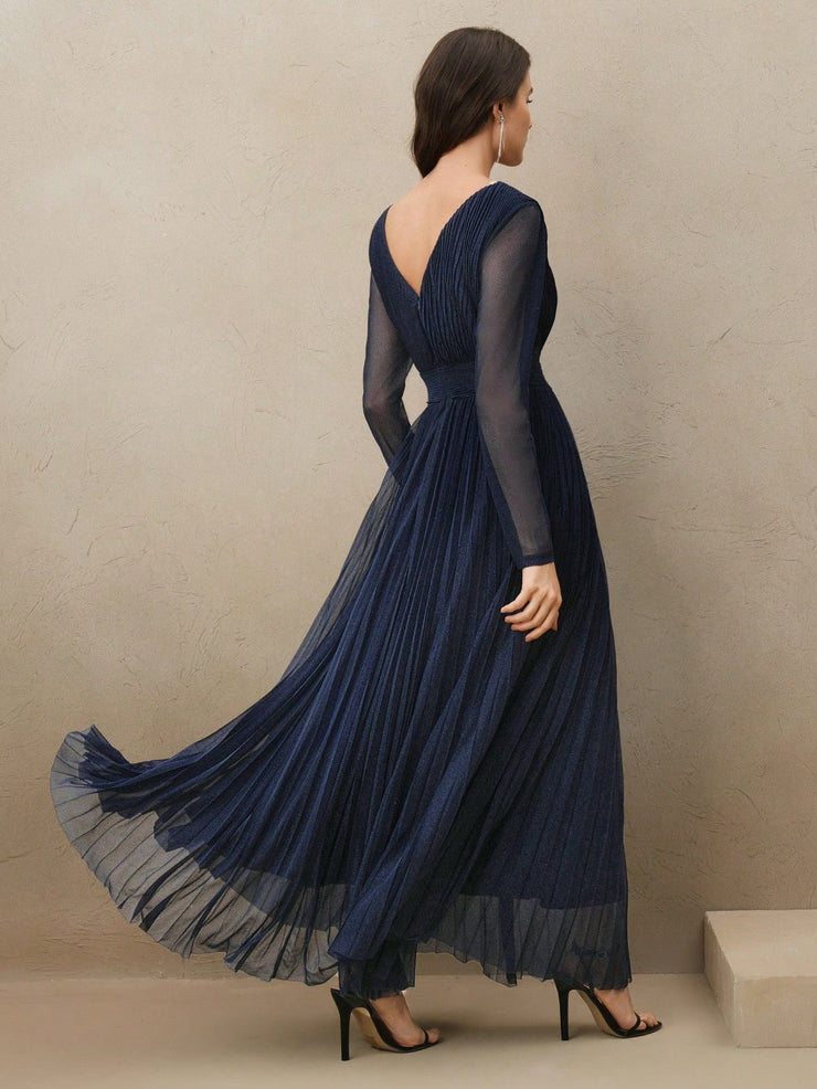 Anewsta Women's Blue V-Neck Waisted Pleated Elegant Backless Glittering Pearl Studded Long Dress