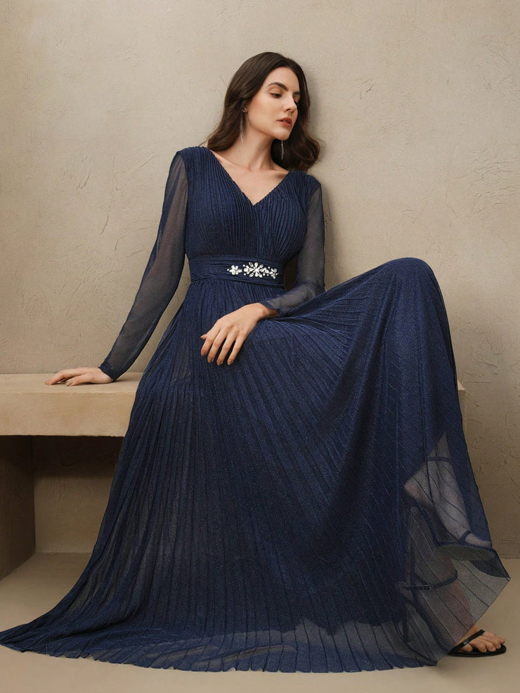 Anewsta Women's Blue V-Neck Waisted Pleated Elegant Backless Glittering Pearl Studded Long Dress