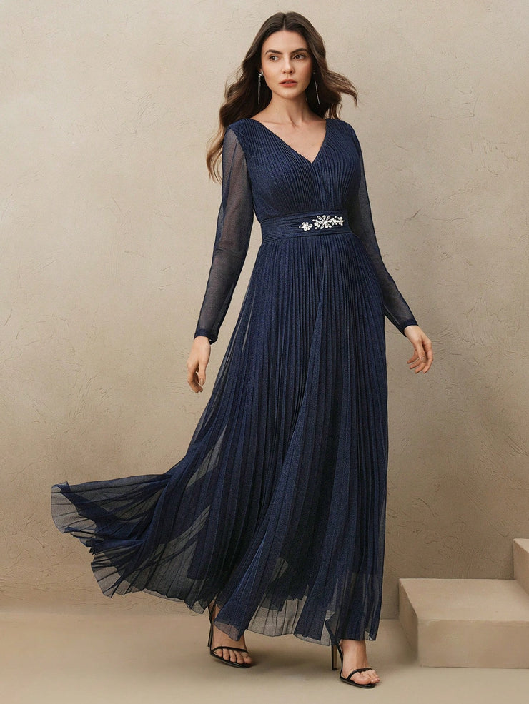 Anewsta Women's Blue V-Neck Waisted Pleated Elegant Backless Glittering Pearl Studded Long Dress