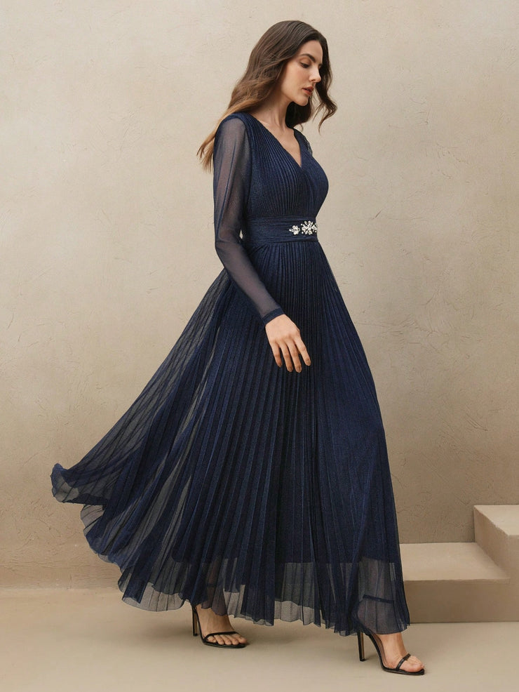 Anewsta Women's Blue V-Neck Waisted Pleated Elegant Backless Glittering Pearl Studded Long Dress