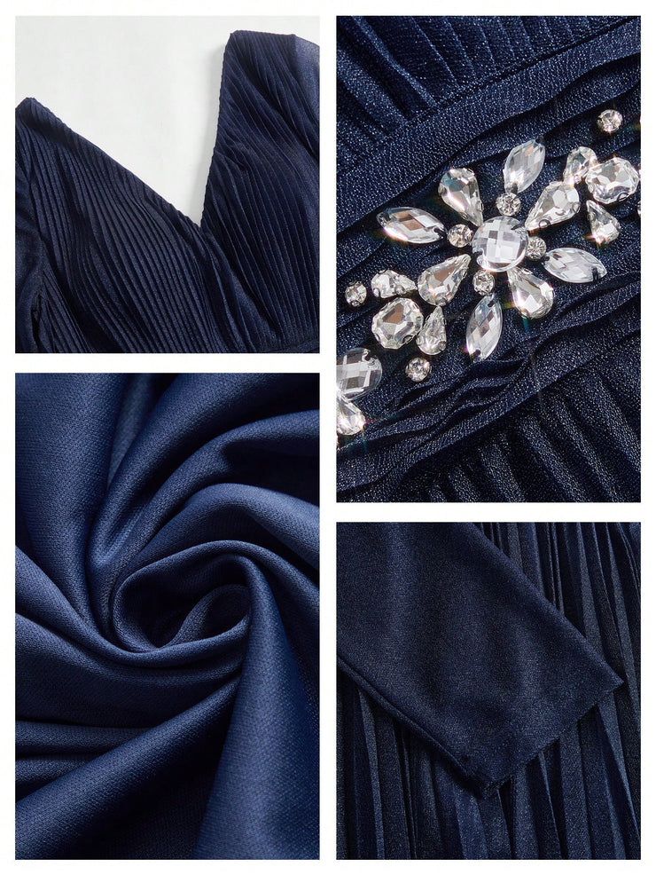 Anewsta Women's Blue V-Neck Waisted Pleated Elegant Backless Glittering Pearl Studded Long Dress