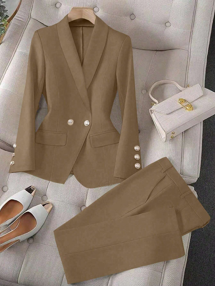Calvaya Apricot Double-Breasted Long Sleeve Blazer And Pants Elegant Women's Suit Set