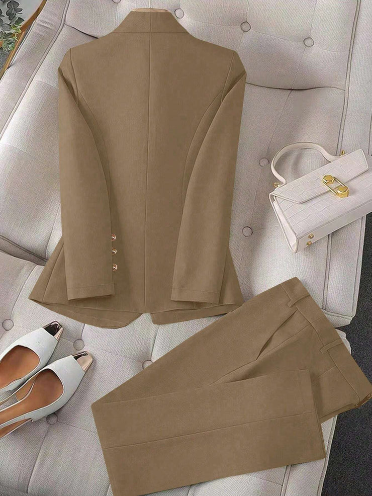 Calvaya Apricot Double-Breasted Long Sleeve Blazer And Pants Elegant Women's Suit Set