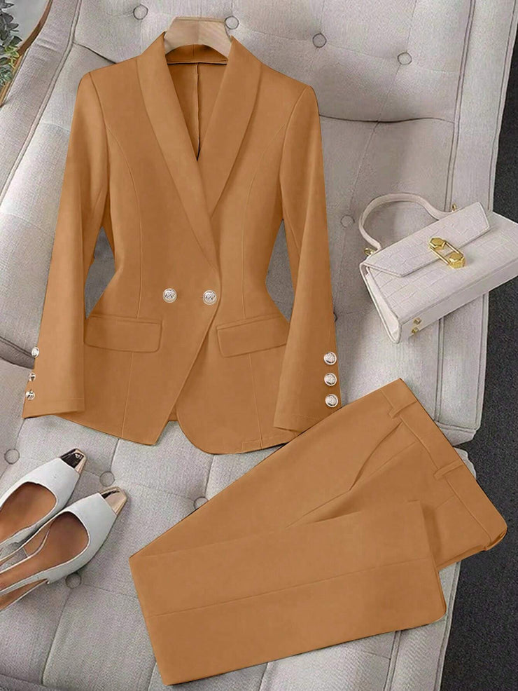 Calvaya Apricot Double-Breasted Long Sleeve Blazer And Pants Elegant Women's Suit Set