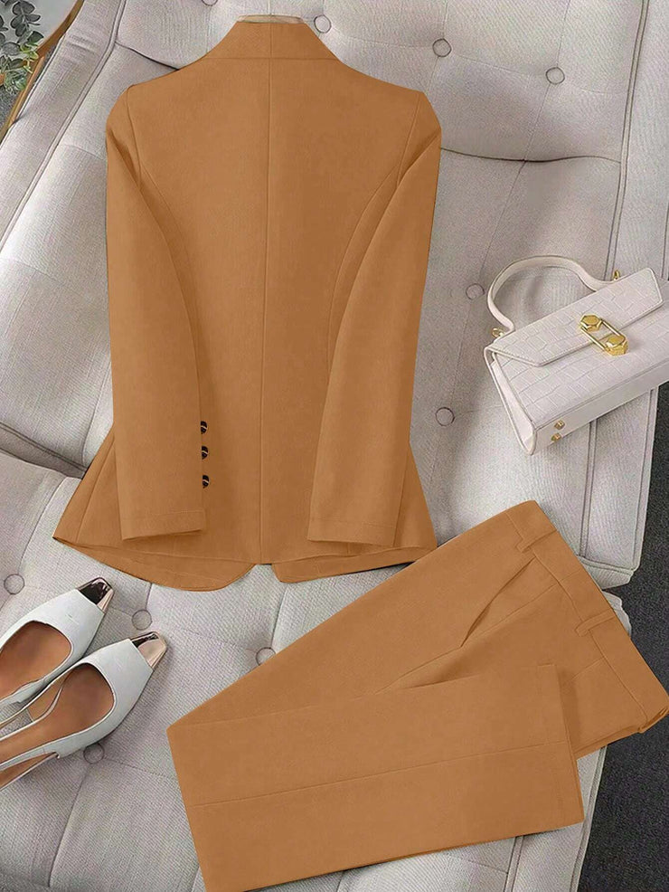 Calvaya Apricot Double-Breasted Long Sleeve Blazer And Pants Elegant Women's Suit Set