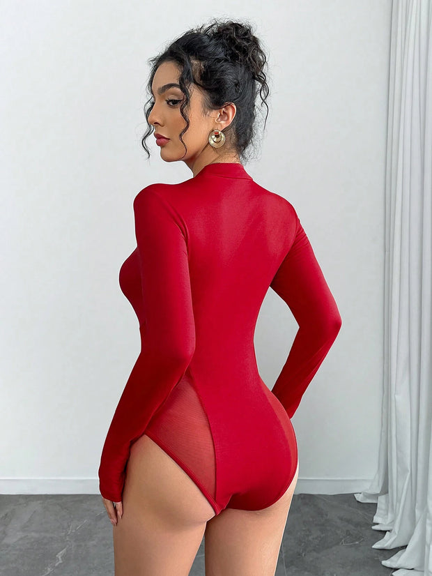 Chiquease Ladies' Fashion Mesh Contrast Long Sleeve Fingerhole Bodysuit Fall Cloth For Women