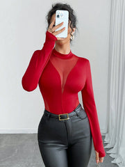Chiquease Ladies' Fashion Mesh Contrast Long Sleeve Fingerhole Bodysuit Fall Cloth For Women
