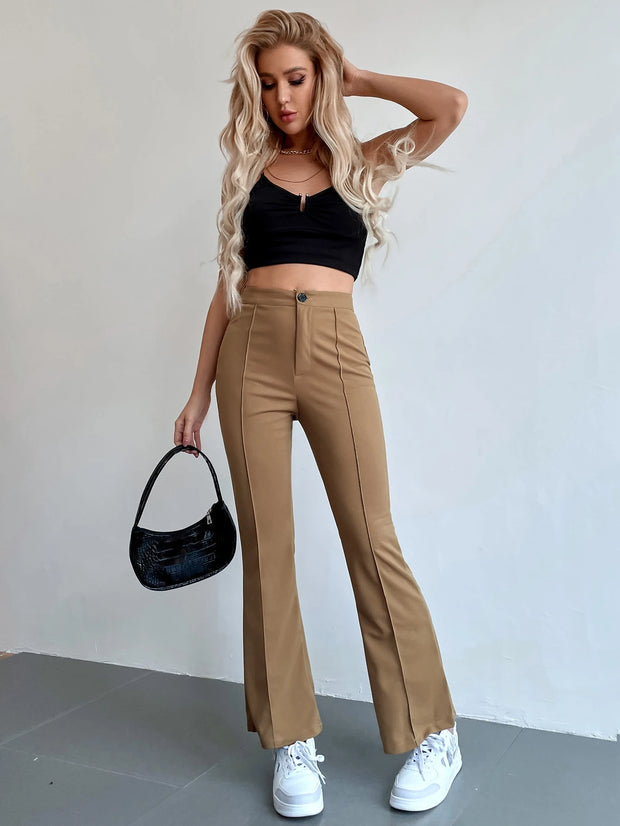 Chiquease Solid Color Stretchy Knit Button Pocket Flared Leg Pants
