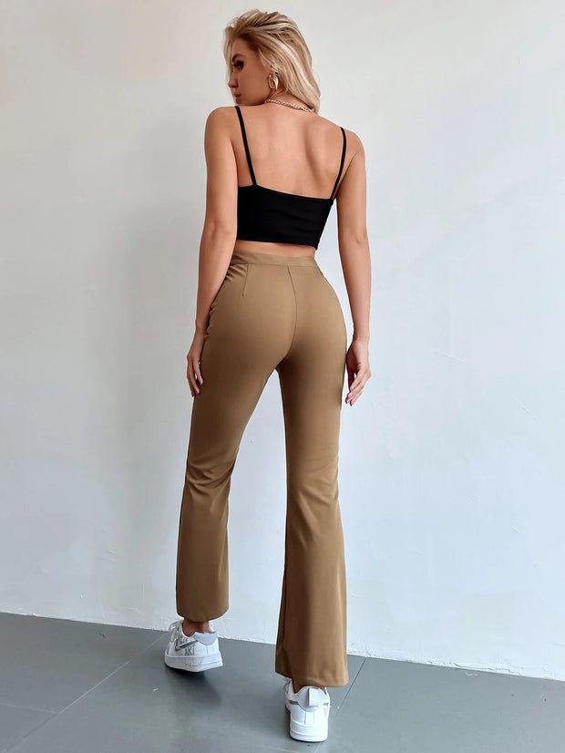 Chiquease Solid Color Stretchy Knit Button Pocket Flared Leg Pants