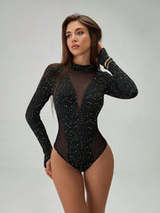 Chiquease Ladies' Fashion Mesh Contrast Long Sleeve Fingerhole Bodysuit Fall Cloth For Women