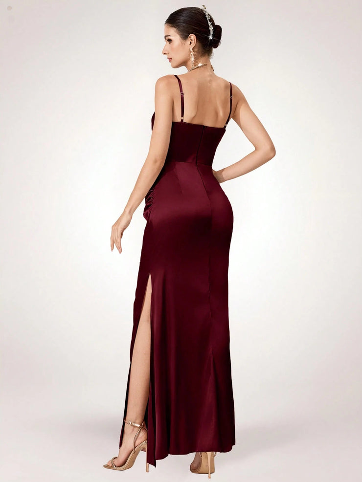 Coutiva Women Rhinestone Embellished Sheer Black Long Evening Gown