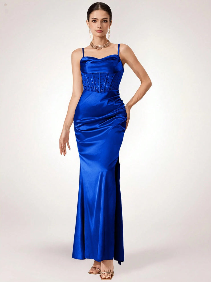 Coutiva Women Rhinestone Embellished Sheer Black Long Evening Gown