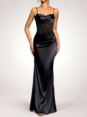 Coutiva Women Rhinestone Embellished Sheer Black Long Evening Gown