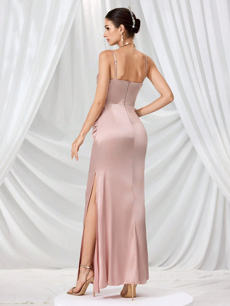 Coutiva Women Rhinestone Embellished Sheer Black Long Evening Gown