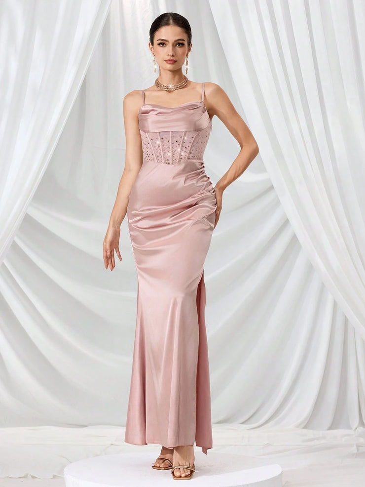 Coutiva Women Rhinestone Embellished Sheer Black Long Evening Gown