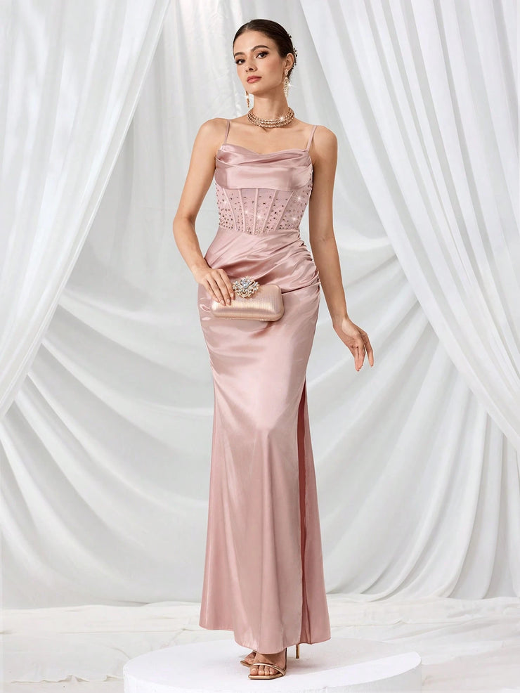 Coutiva Women Rhinestone Embellished Sheer Black Long Evening Gown