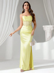 Coutiva Women Rhinestone Embellished Sheer Black Long Evening Gown