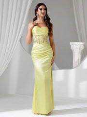 Coutiva Women Rhinestone Embellished Sheer Black Long Evening Gown