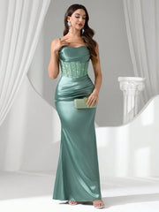 Coutiva Women Rhinestone Embellished Sheer Black Long Evening Gown