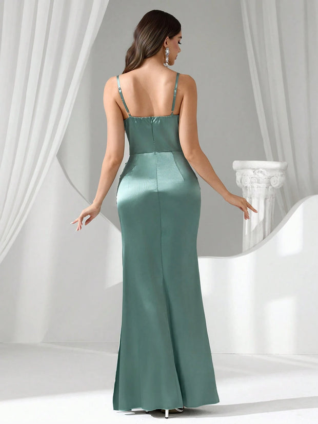 Coutiva Women Rhinestone Embellished Sheer Black Long Evening Gown