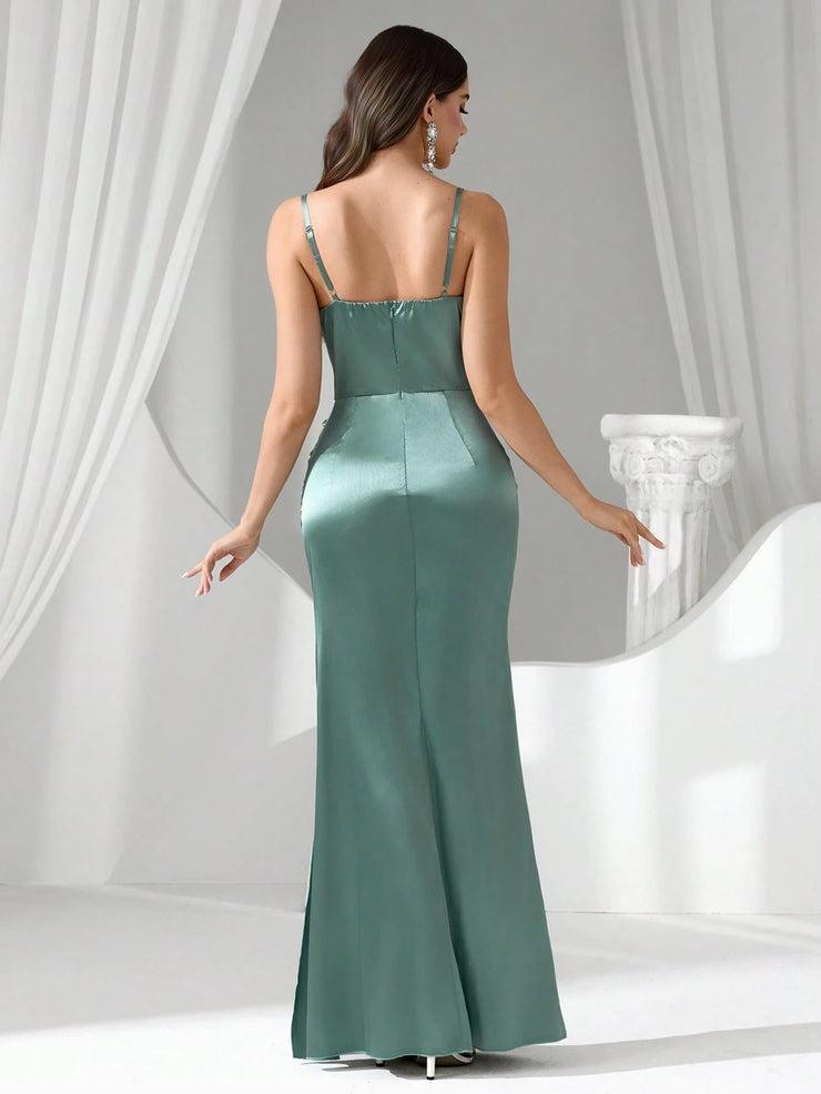 Coutiva Women Rhinestone Embellished Sheer Black Long Evening Gown
