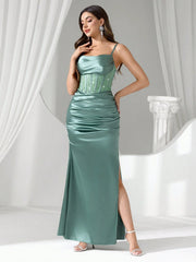Coutiva Women Rhinestone Embellished Sheer Black Long Evening Gown