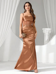 Coutiva Women Rhinestone Embellished Sheer Black Long Evening Gown