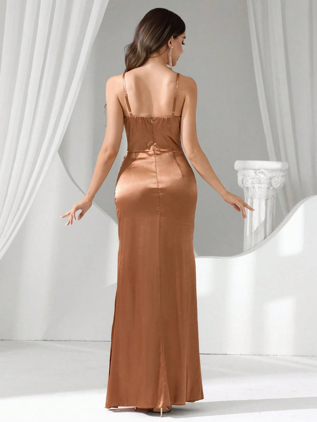 Coutiva Women Rhinestone Embellished Sheer Black Long Evening Gown