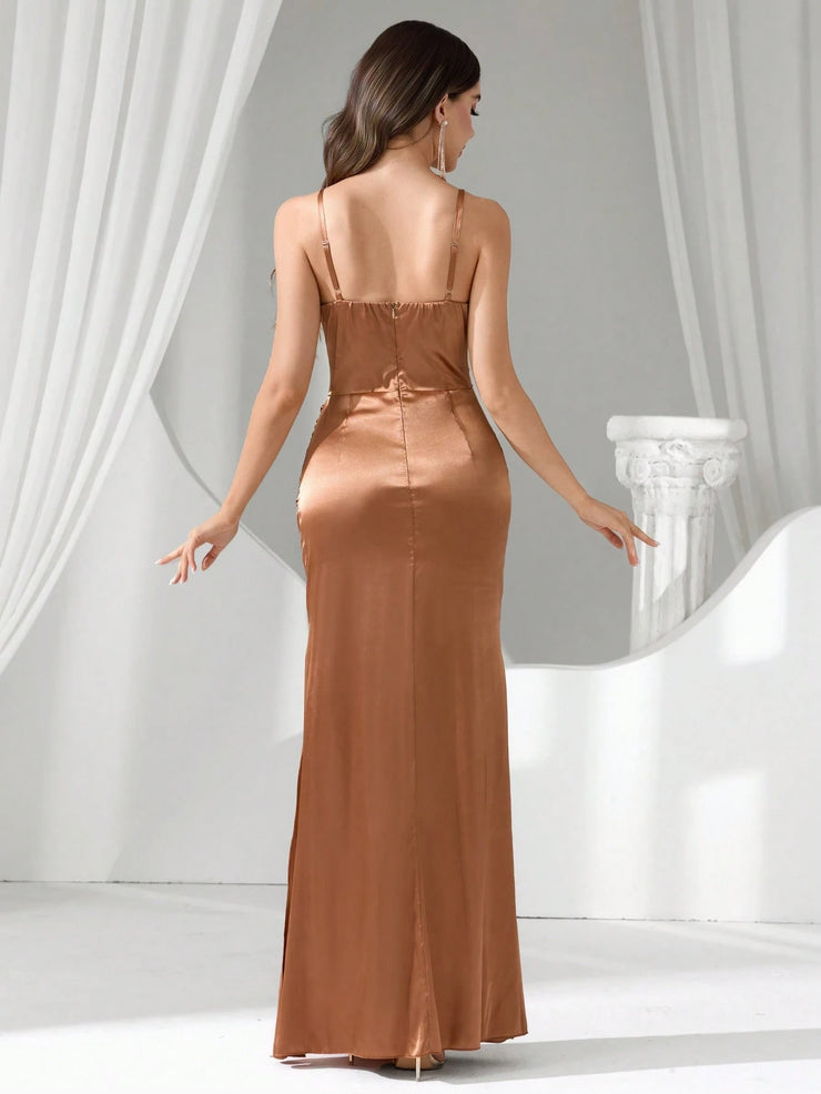 Coutiva Women Rhinestone Embellished Sheer Black Long Evening Gown