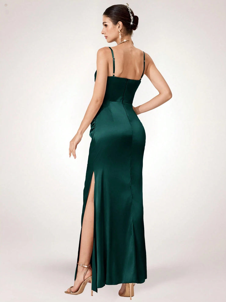 Coutiva Women Rhinestone Embellished Sheer Black Long Evening Gown