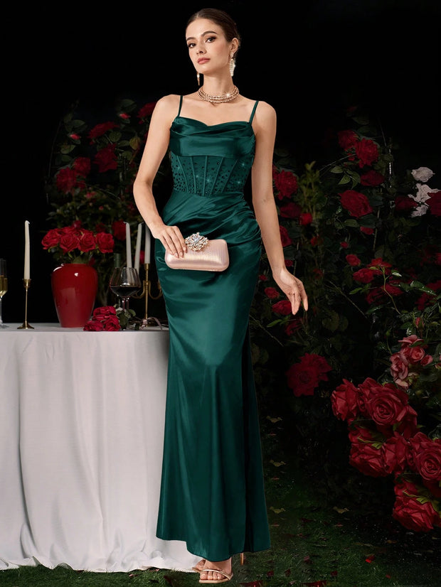 Coutiva Women Rhinestone Embellished Sheer Black Long Evening Gown