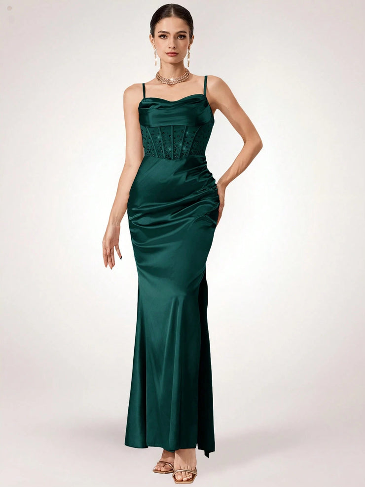 Coutiva Women Rhinestone Embellished Sheer Black Long Evening Gown