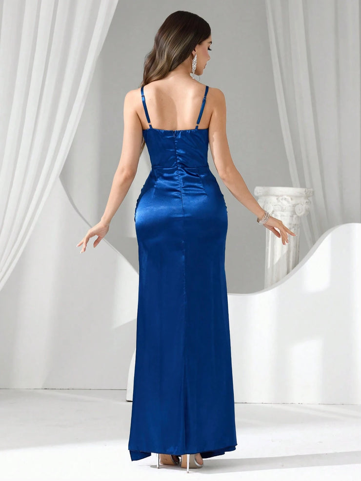Coutiva Women Rhinestone Embellished Sheer Black Long Evening Gown