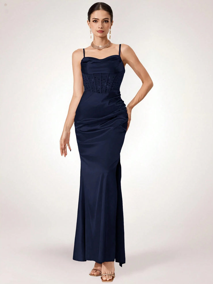 Coutiva Women Rhinestone Embellished Sheer Black Long Evening Gown