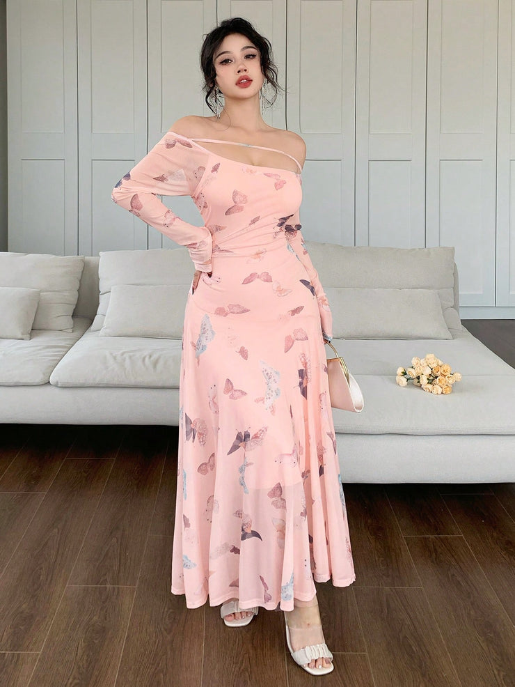 DAZY Women's Butterfly Print A-Line Midi Dress With Front Tie Up And Off Shoulder