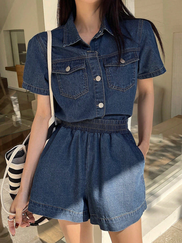 DAZY Short Sleeve Loose Pocket Denim Shirt And Shorts Set For Women