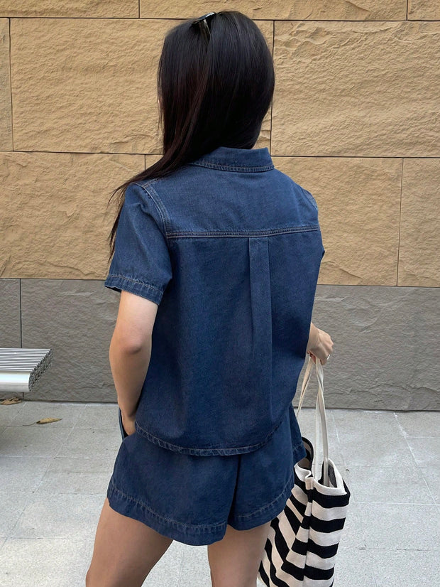 DAZY Short Sleeve Loose Pocket Denim Shirt And Shorts Set For Women