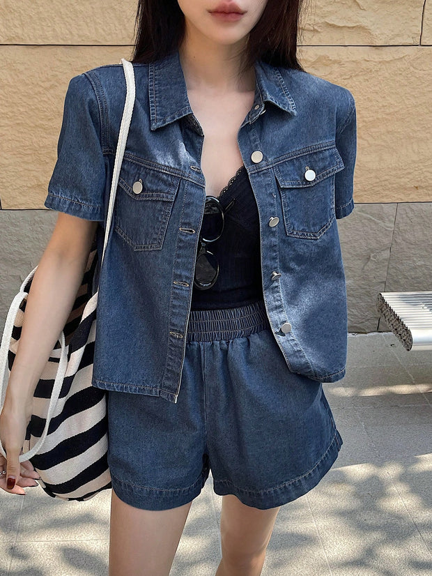 DAZY Short Sleeve Loose Pocket Denim Shirt And Shorts Set For Women