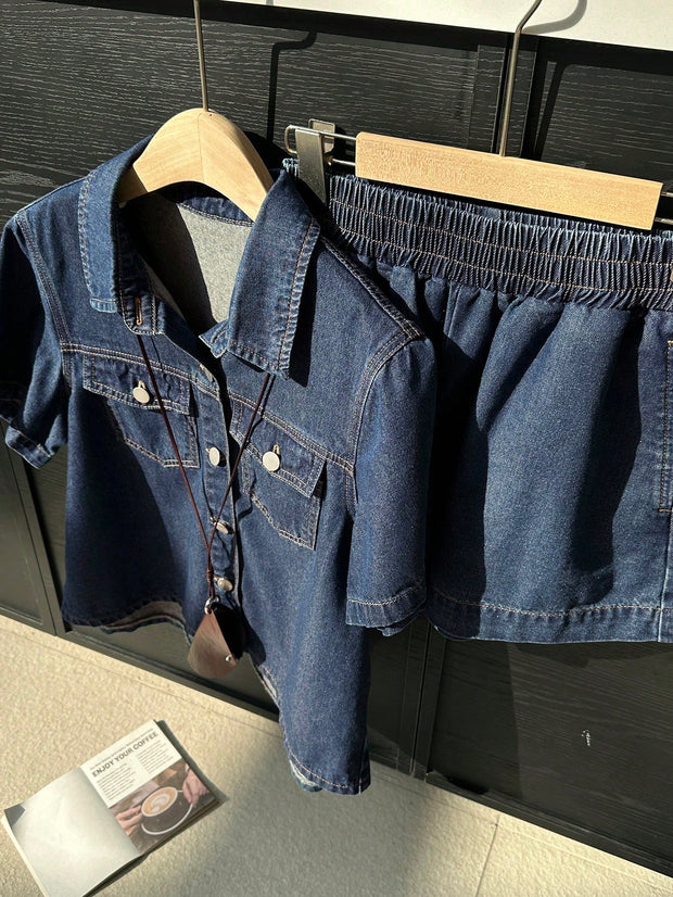 DAZY Short Sleeve Loose Pocket Denim Shirt And Shorts Set For Women