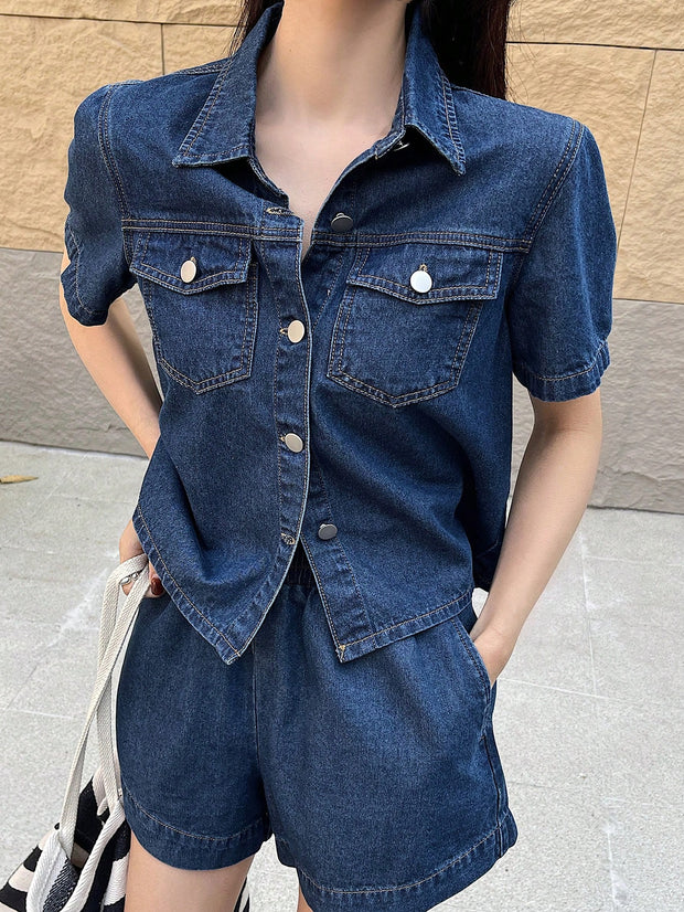 DAZY Short Sleeve Loose Pocket Denim Shirt And Shorts Set For Women
