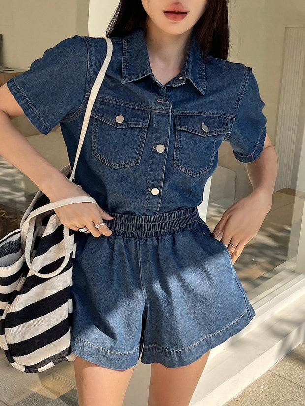 DAZY Short Sleeve Loose Pocket Denim Shirt And Shorts Set For Women
