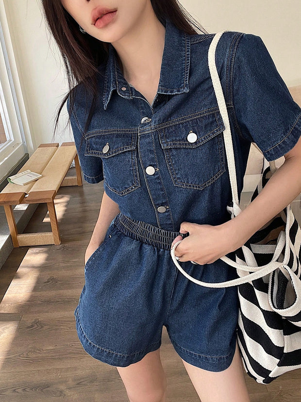 DAZY Short Sleeve Loose Pocket Denim Shirt And Shorts Set For Women