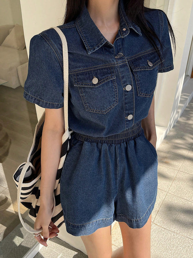 DAZY Short Sleeve Loose Pocket Denim Shirt And Shorts Set For Women